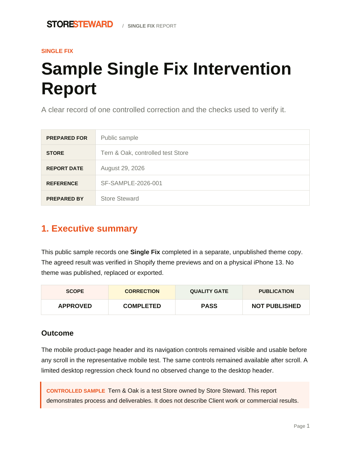 Cover of the approved Tern and Oak sample intervention report