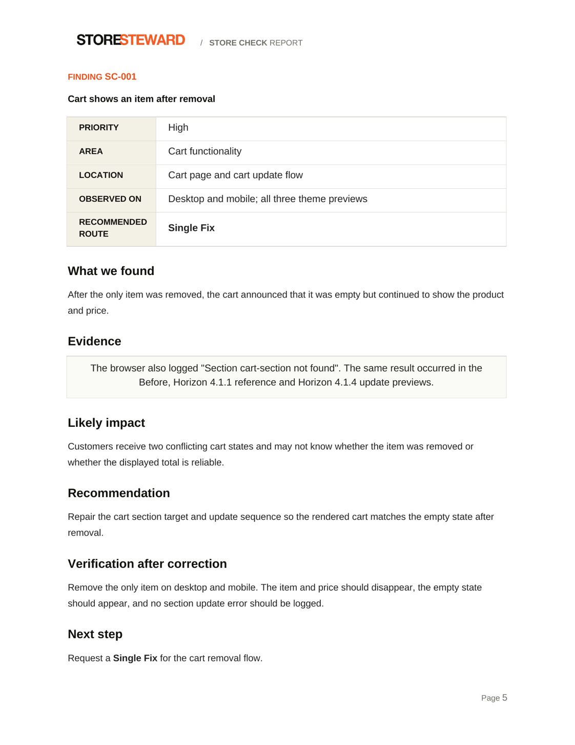 Finding page for SC-001 in the approved Tern and Oak sample report